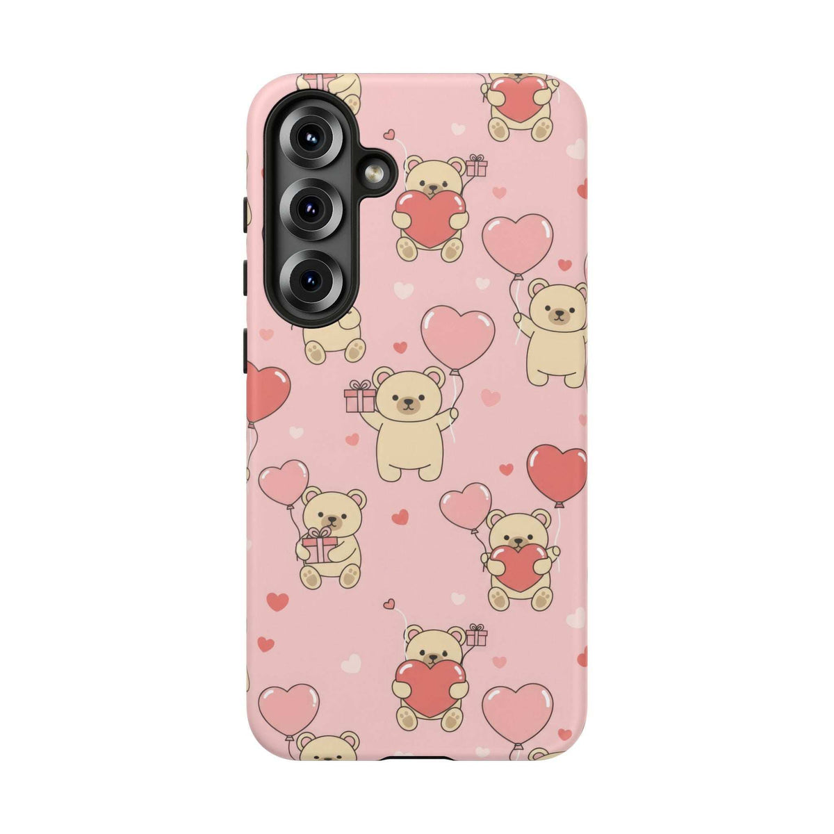 Pink teddy bear and heart phone case with multi-camera cutouts