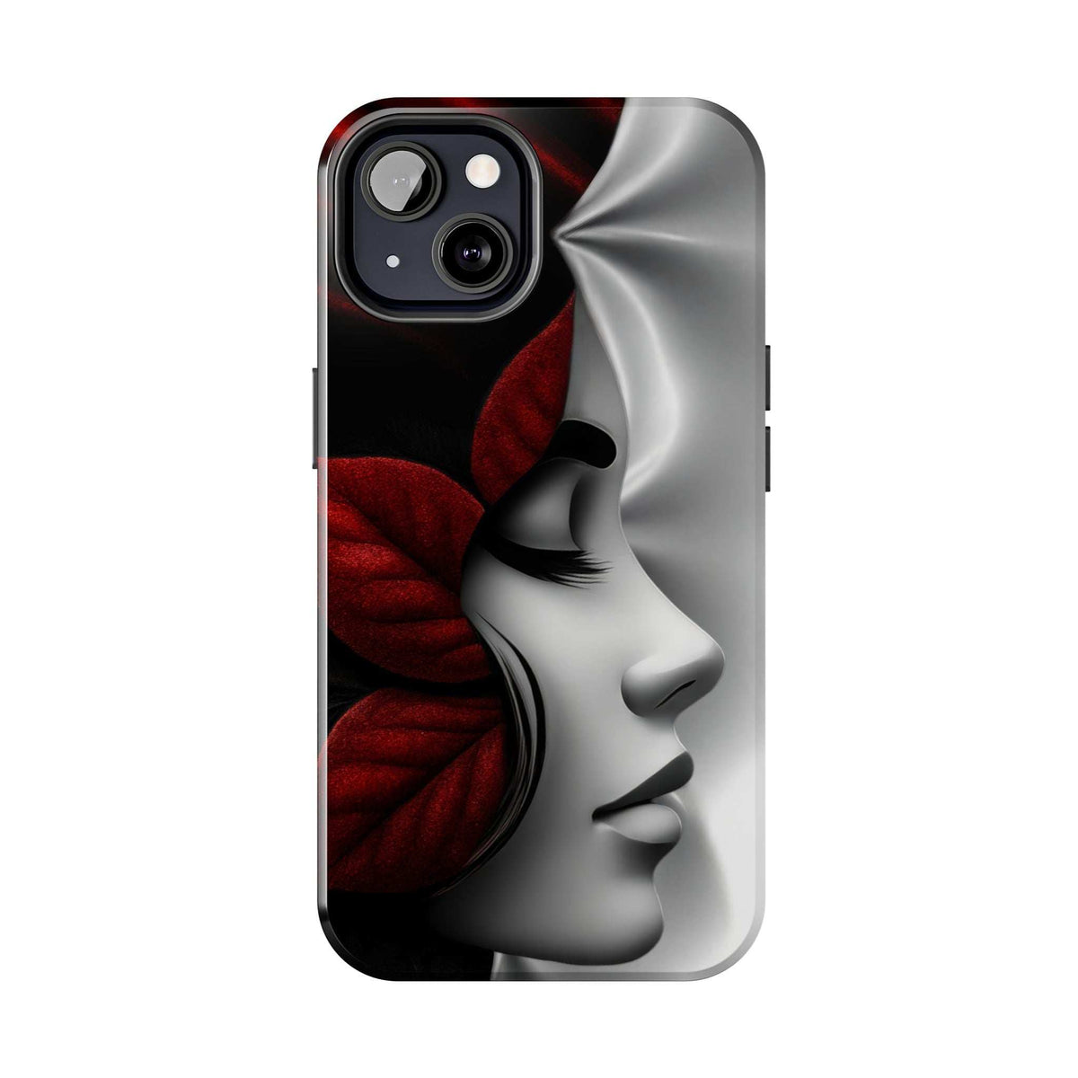 Phone case with silver woman profile and dark red flower design, dual-camera cutouts