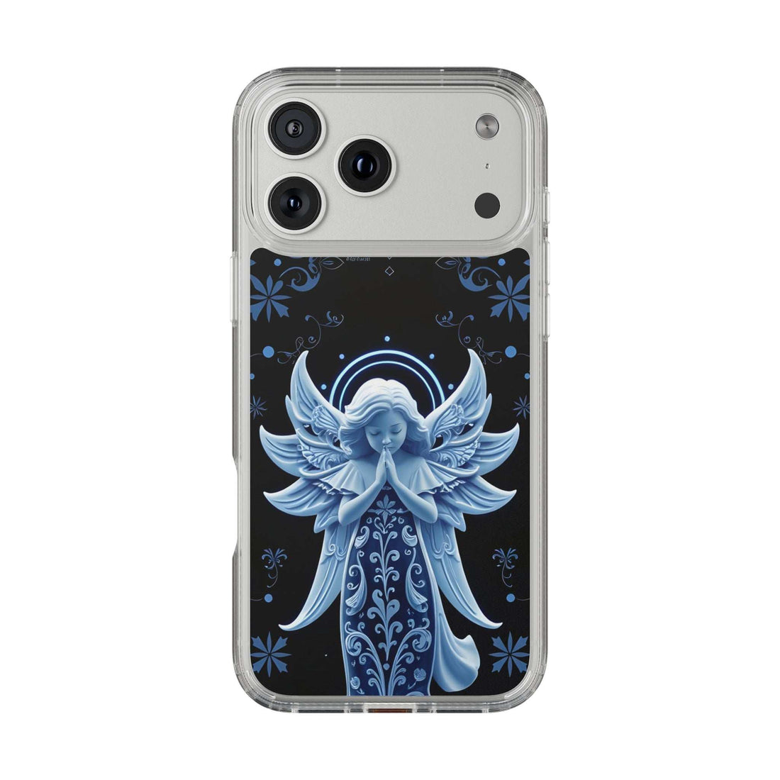 Protective phone case with blue angel prayer design on dark background