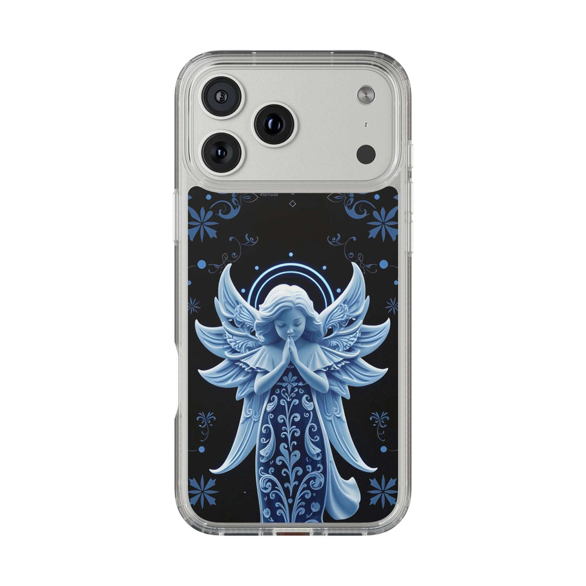 Protective phone case with blue angel prayer design on dark background
