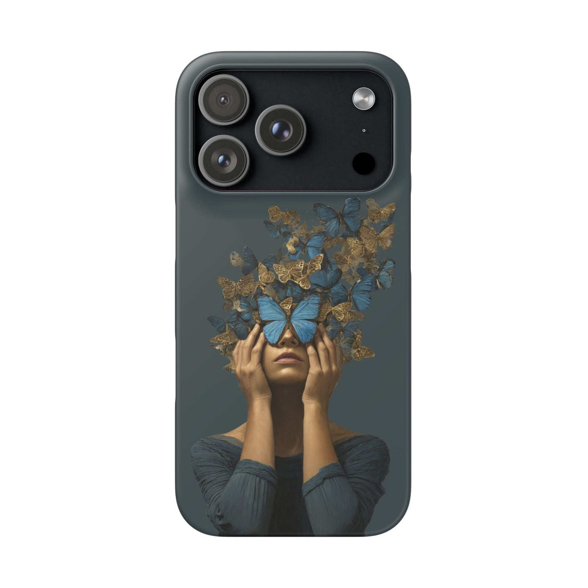 Dark gray phone case with butterfly and woman holding face art, camera cutouts