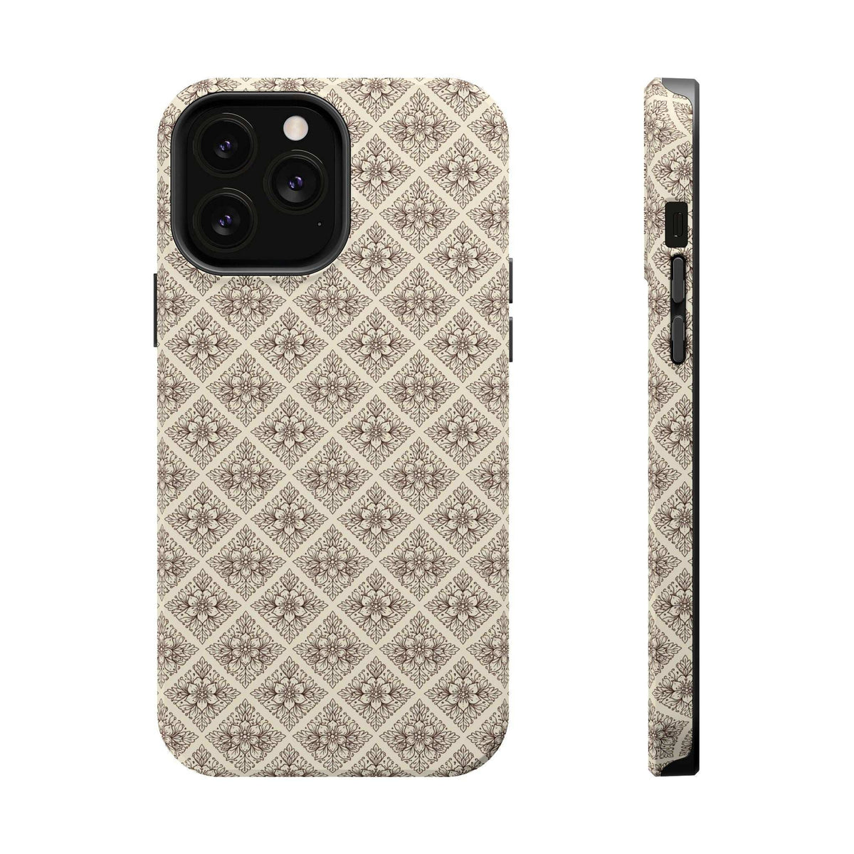 Beige ornate phone case with repeating diamond floral design and camera lens openings.
