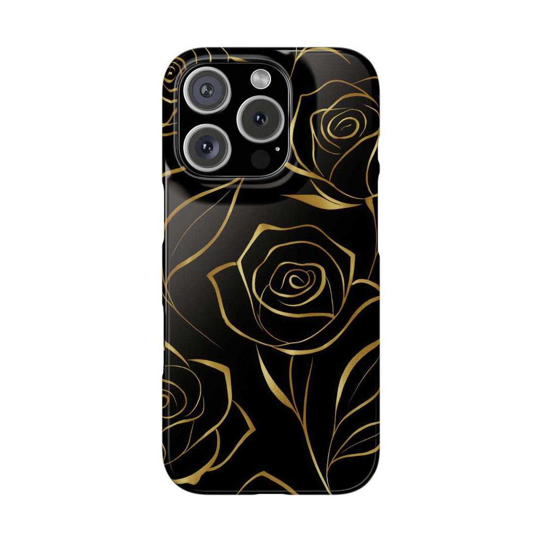 Black iPhone case with gold rose pattern and centered triple-camera cutouts.