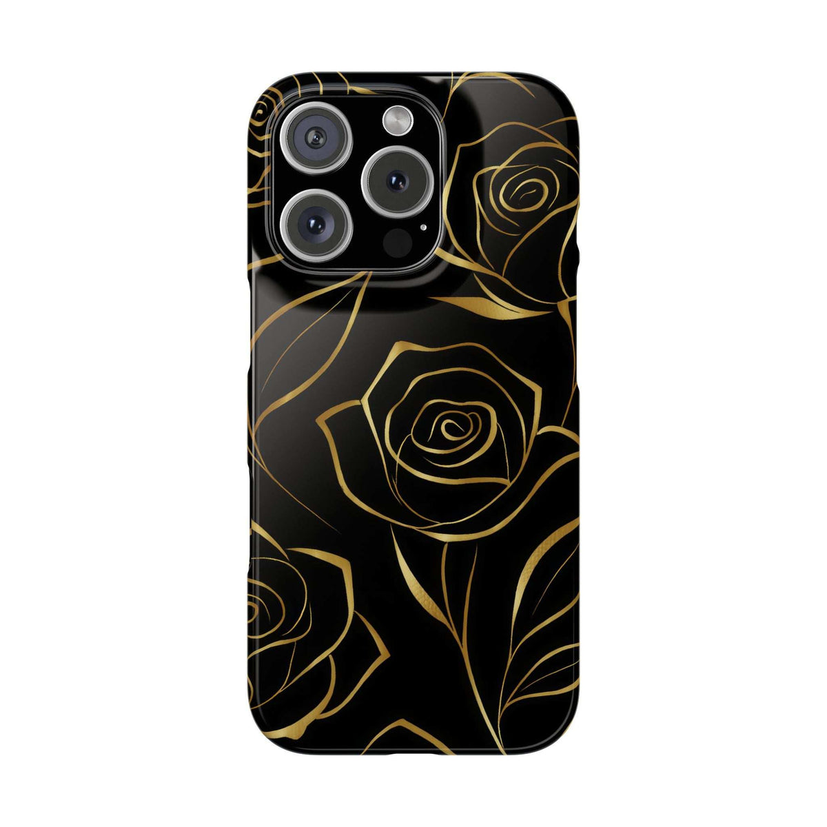Black iPhone case with gold roses, back view highlighting four-camera layout.