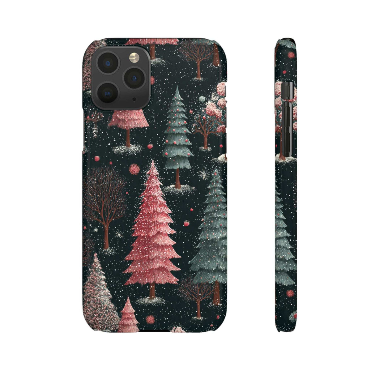 Winter forest phone case front view with trees and snow sparkle; matching side edge shown.