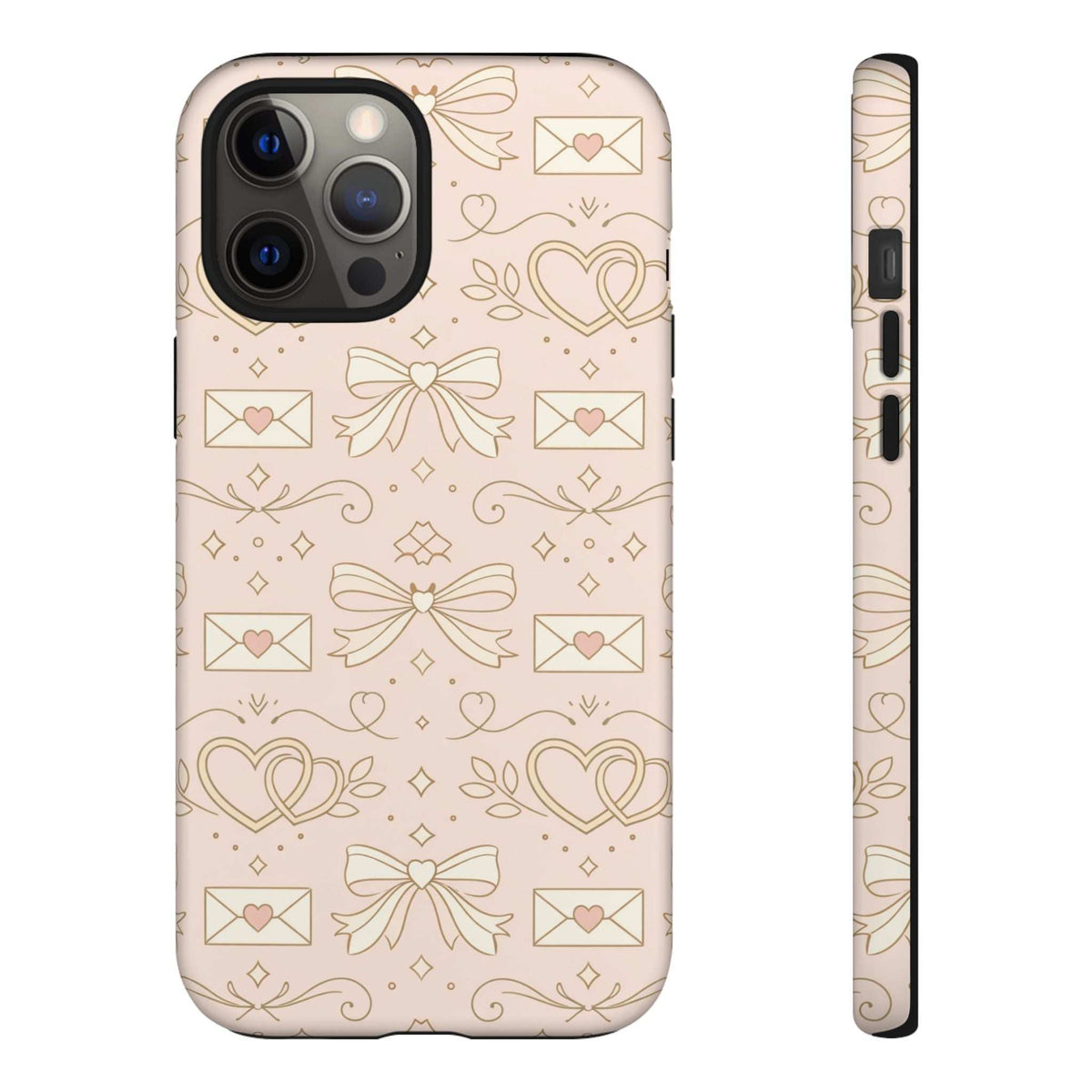 Peach protective phone case with gold heart, bow, and envelope motif; side strip shown