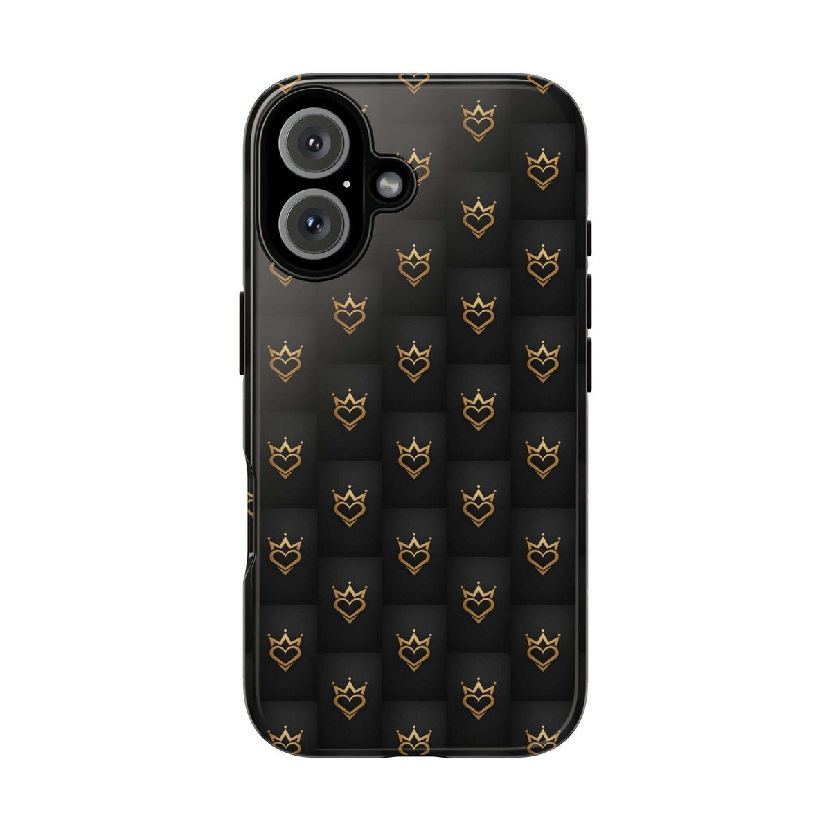 Glossy black phone case with crowned heart doodle pattern, large camera cutouts on back