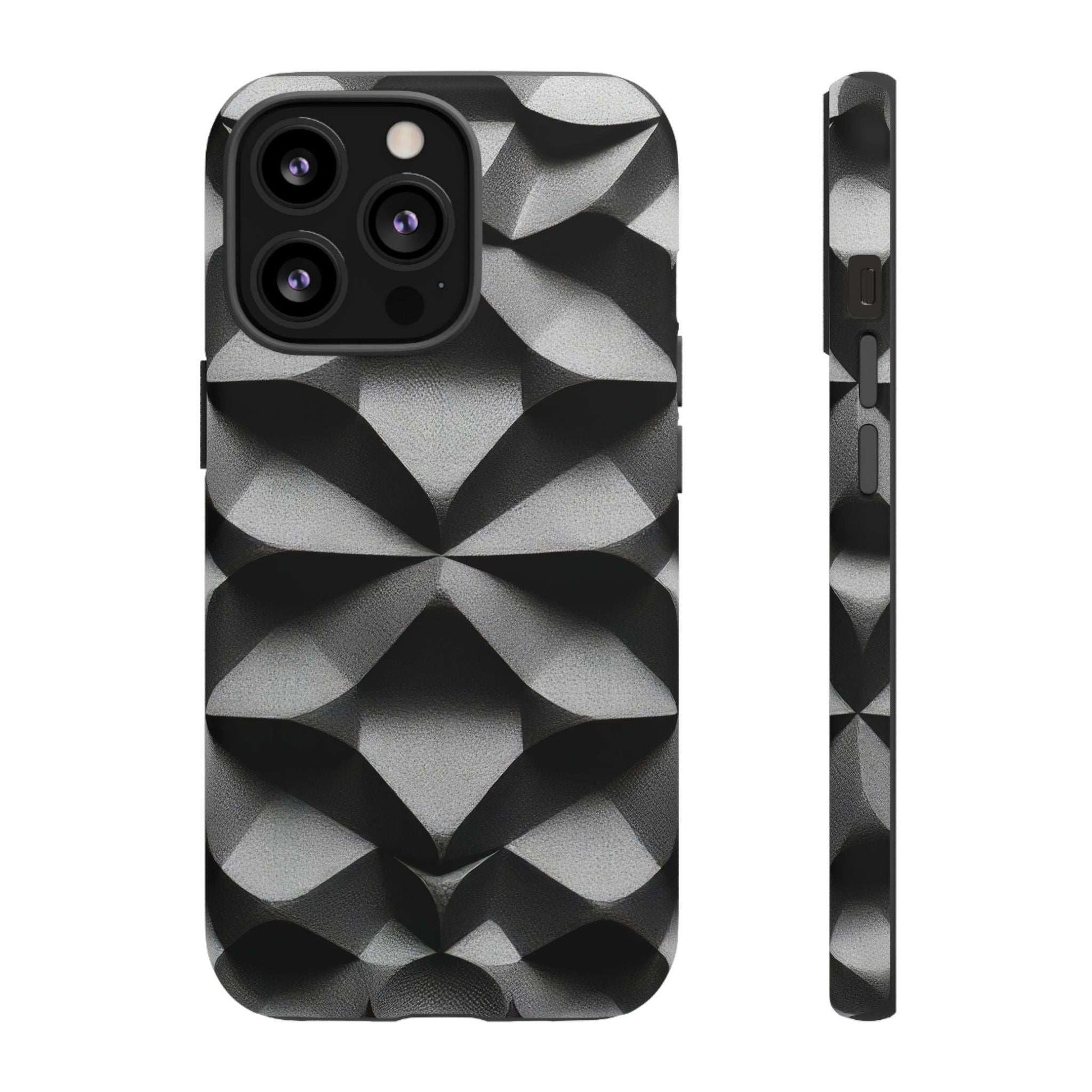 Black case with silver faceted diamond pattern and protected raised camera bump