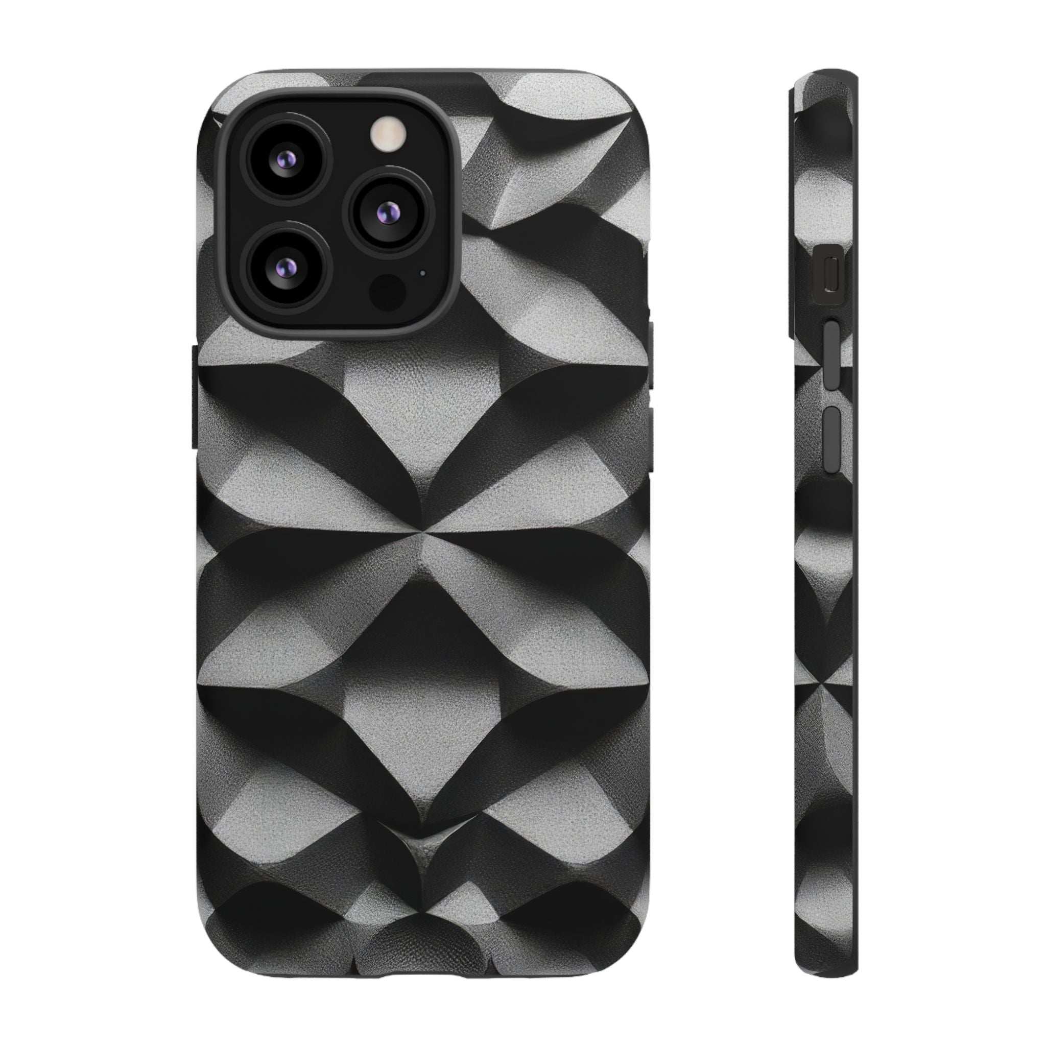 Black case with silver faceted diamond pattern and protected raised camera bump