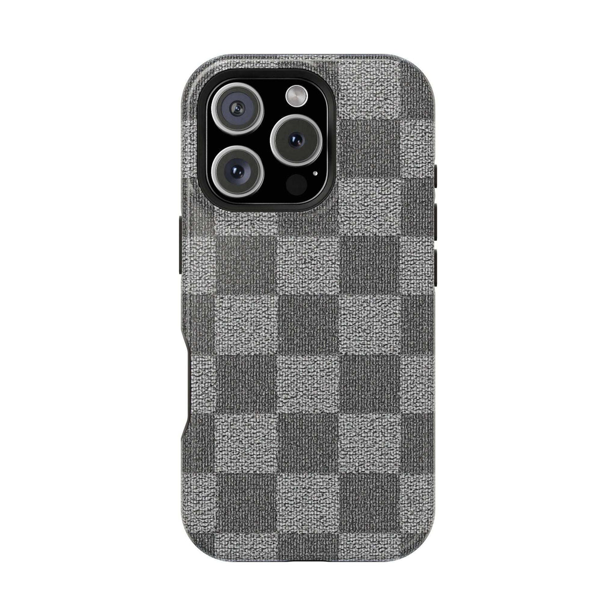 Gray checkered phone case with camera cutouts and side buttons, textured fabric finish