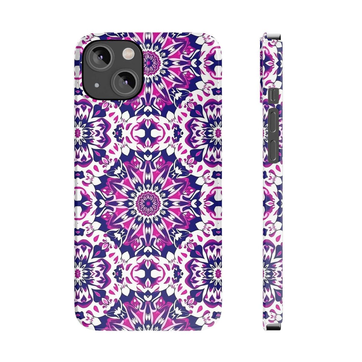 Purple and white mandala phone case with front and side profile showing slim thickness
