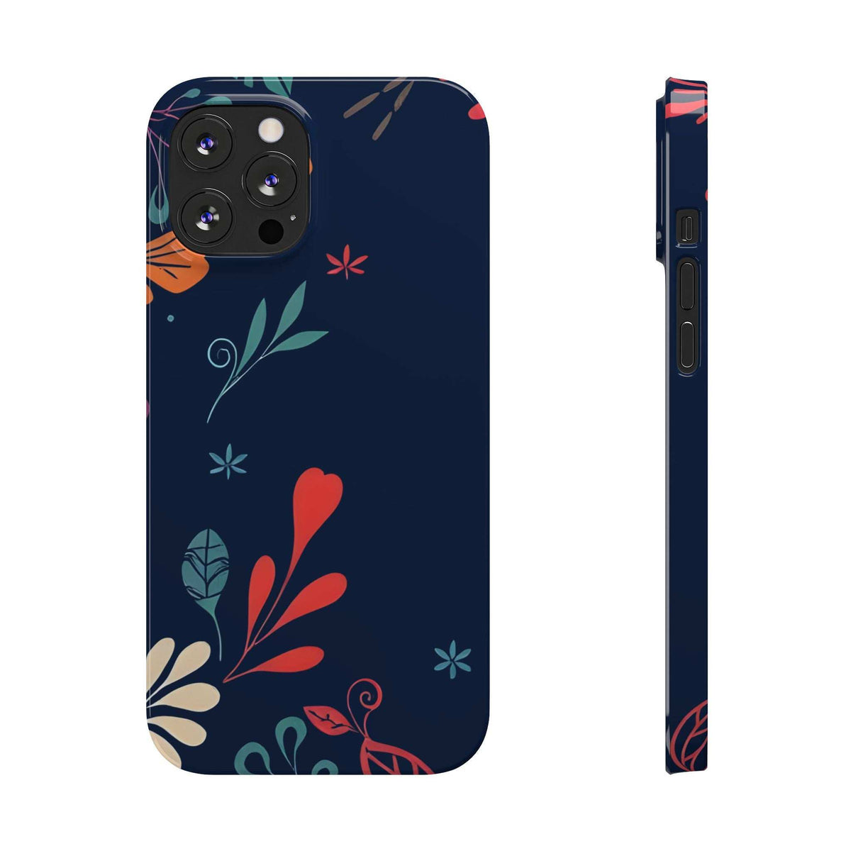 Nightshade Blossoms phone case in dark navy with colorful floral and bird pattern
