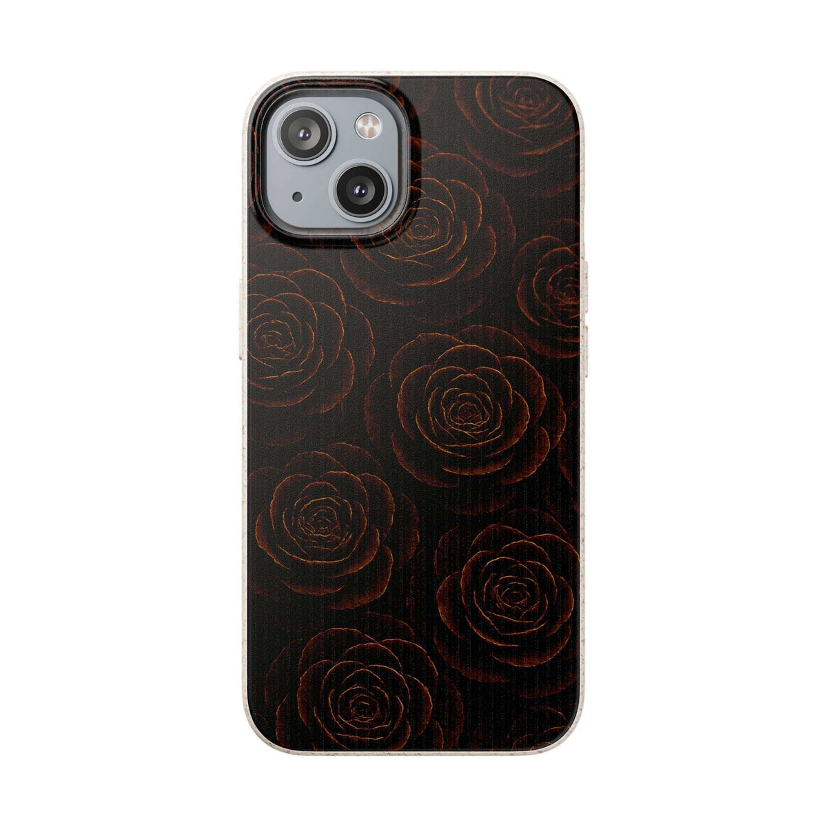 Dark phone case with raised roses pattern; camera cutout visible with clear rim detail.