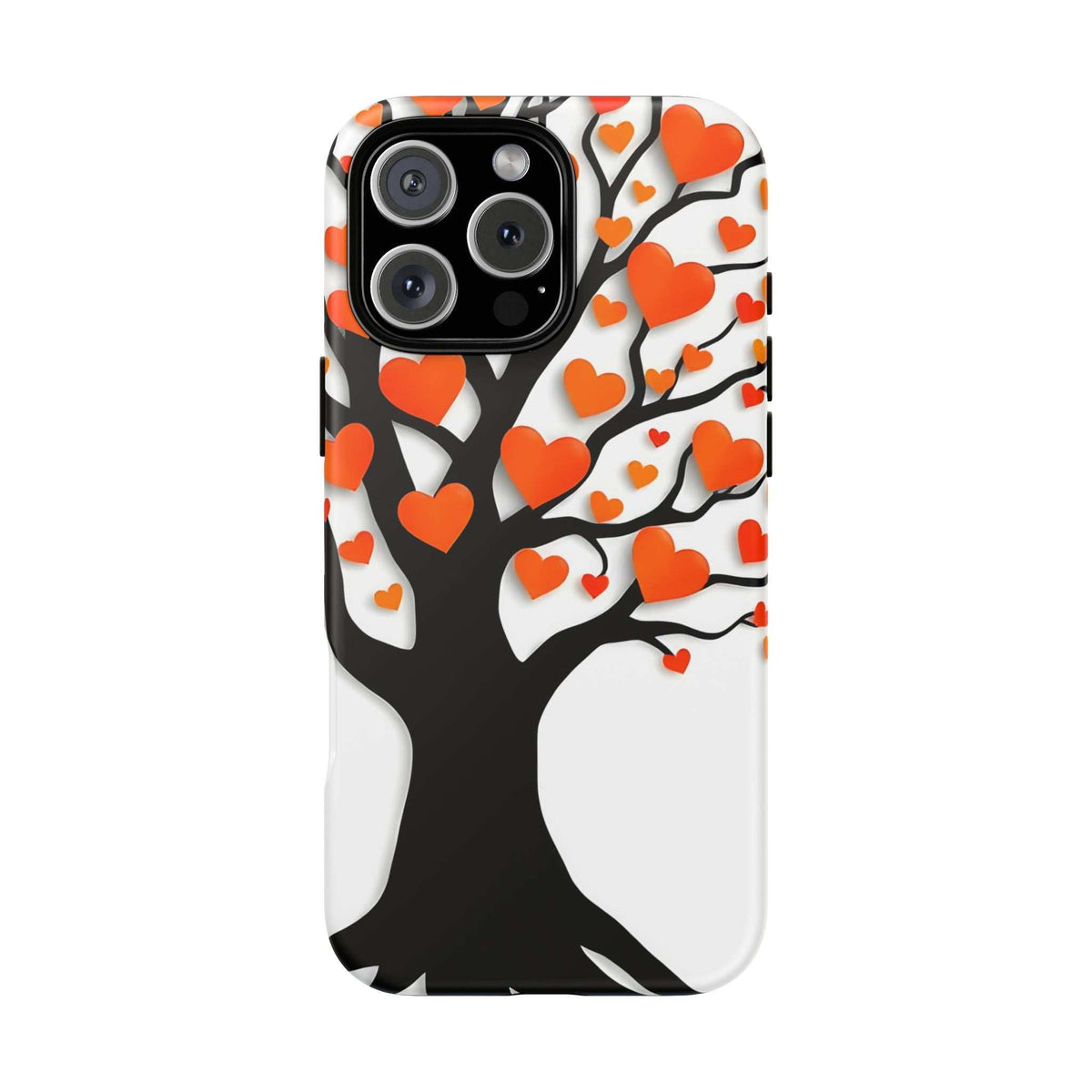 Phone case with black tree silhouette and orange heart pattern, triple camera cutouts