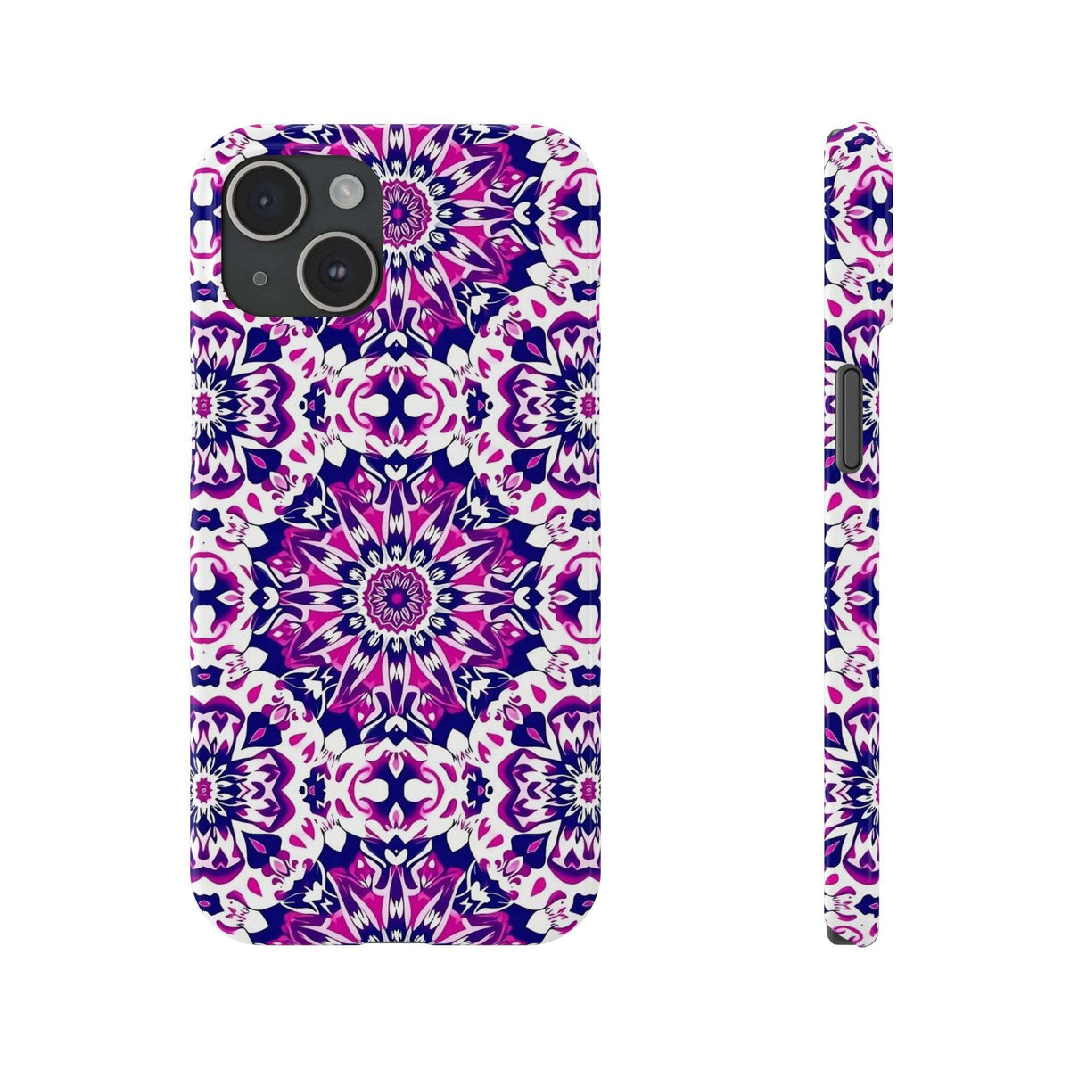 Purple and white mandala phone case, back with camera module and thin side view