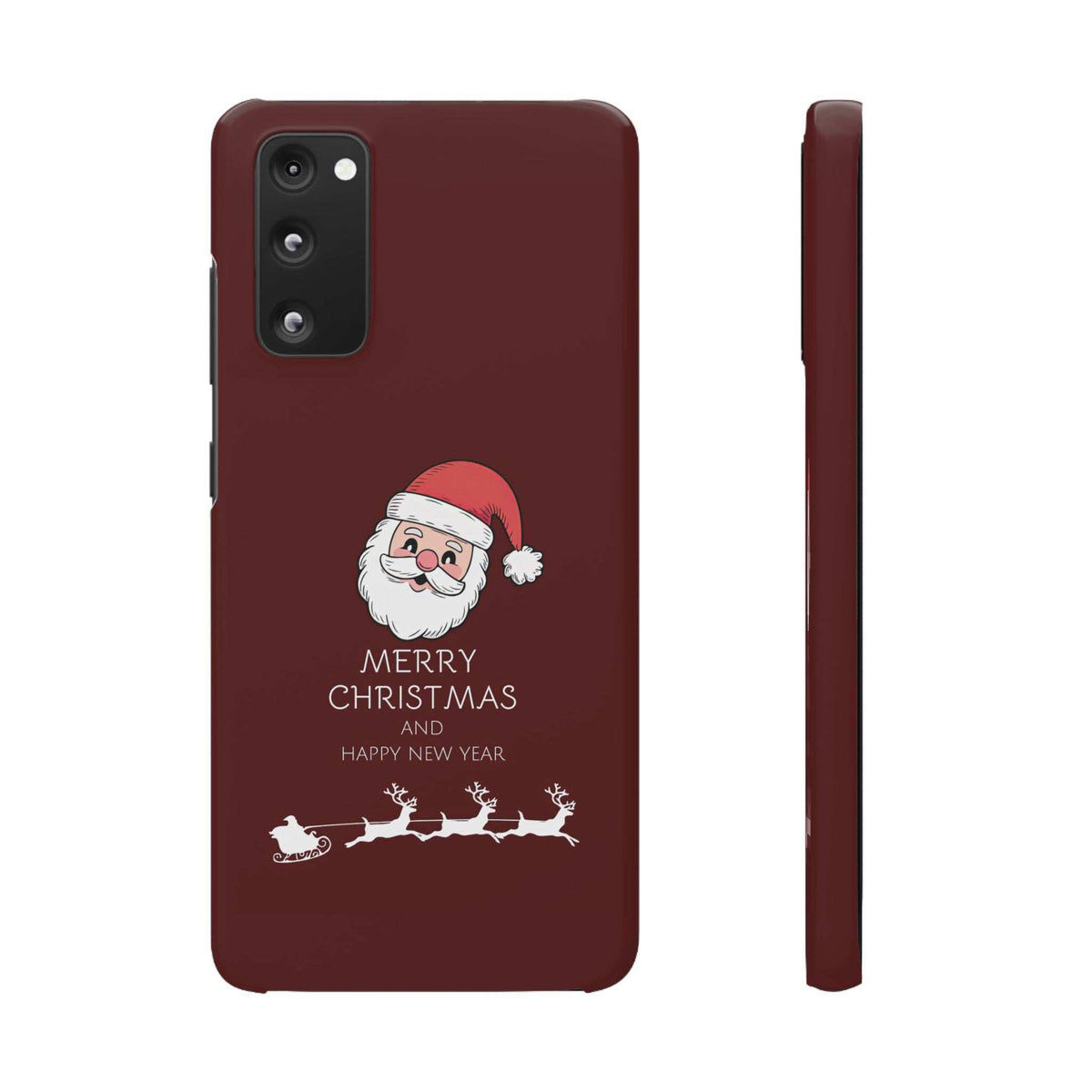 Maroon glossy phone case with Santa face and “MERRY CHRISTMAS” text on back