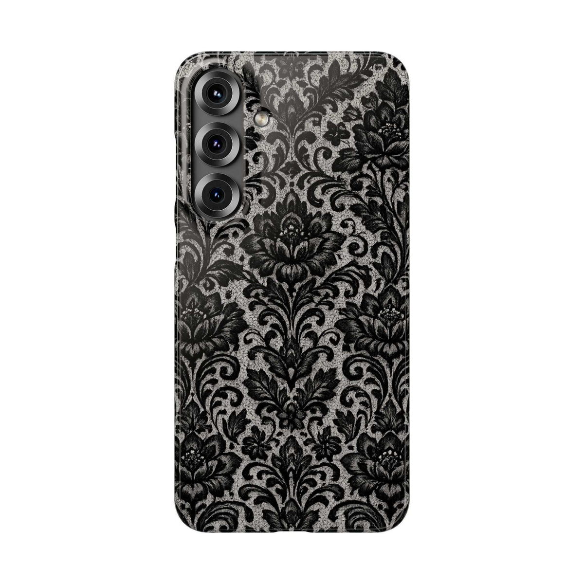 Black damask floral phone case with raised camera cutouts, front view