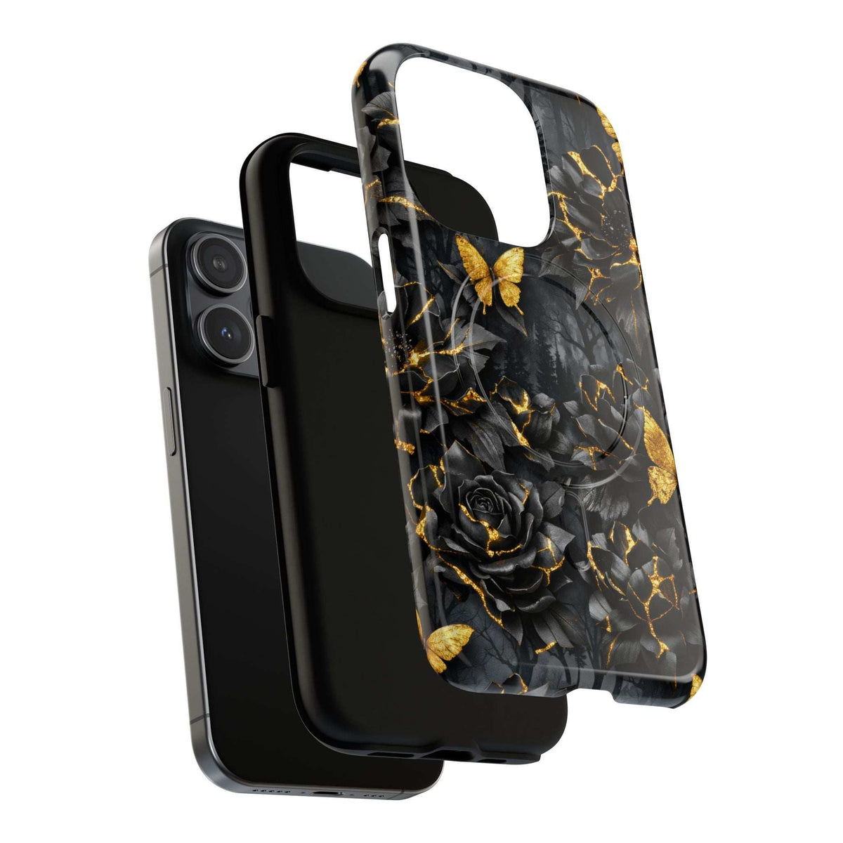 Black phone case with gold rose, butterfly, and cracked kintsugi-style lines; camera cutout.