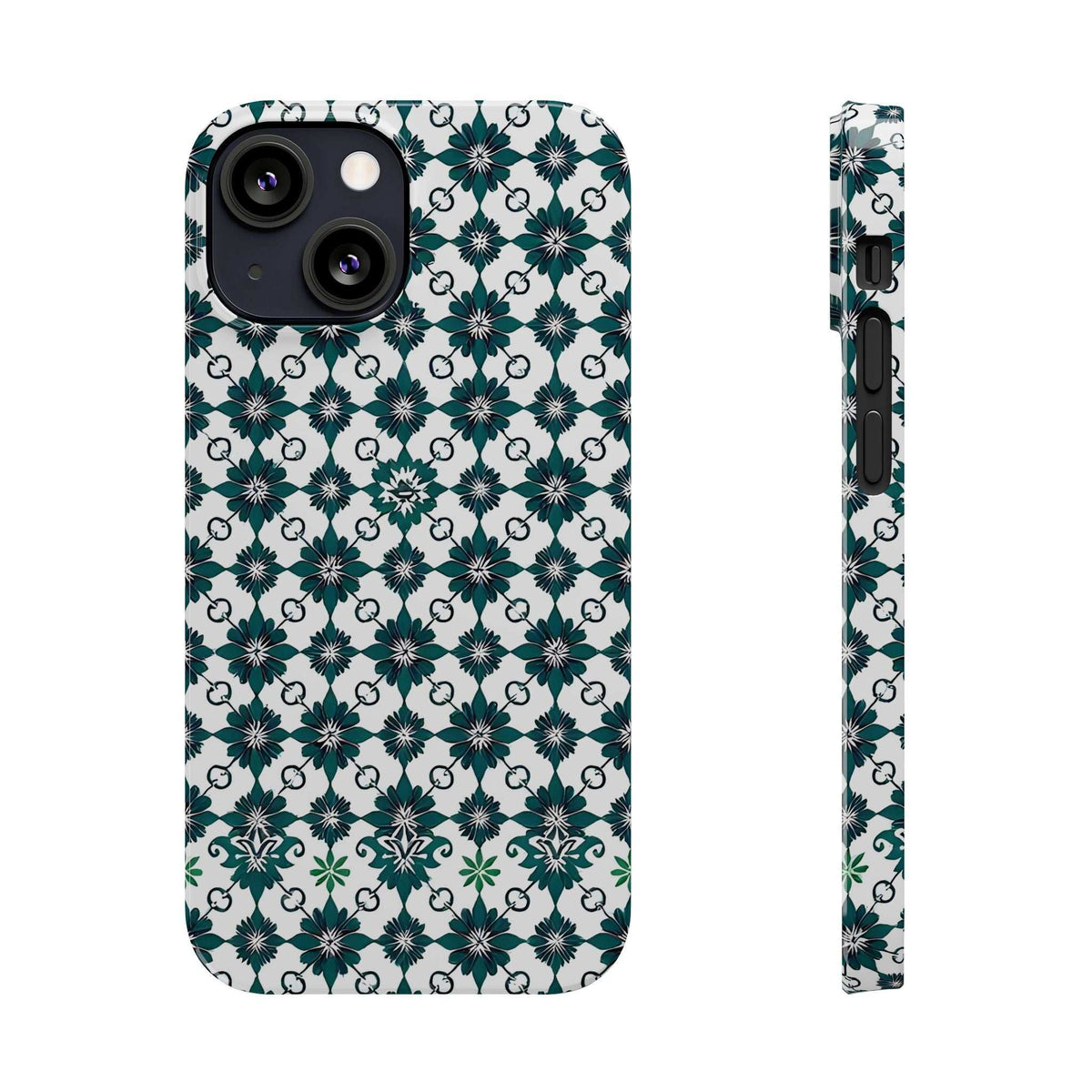 Phone case front and side profile with teal-green geometric floral design on white.