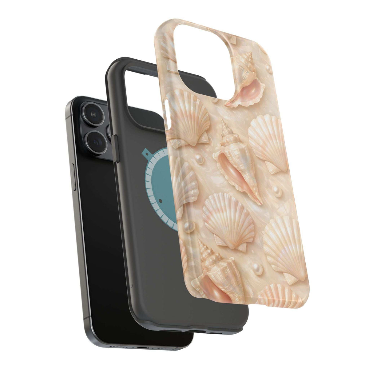 Seashell phone case in beige with MagSafe rings and top hand cutout