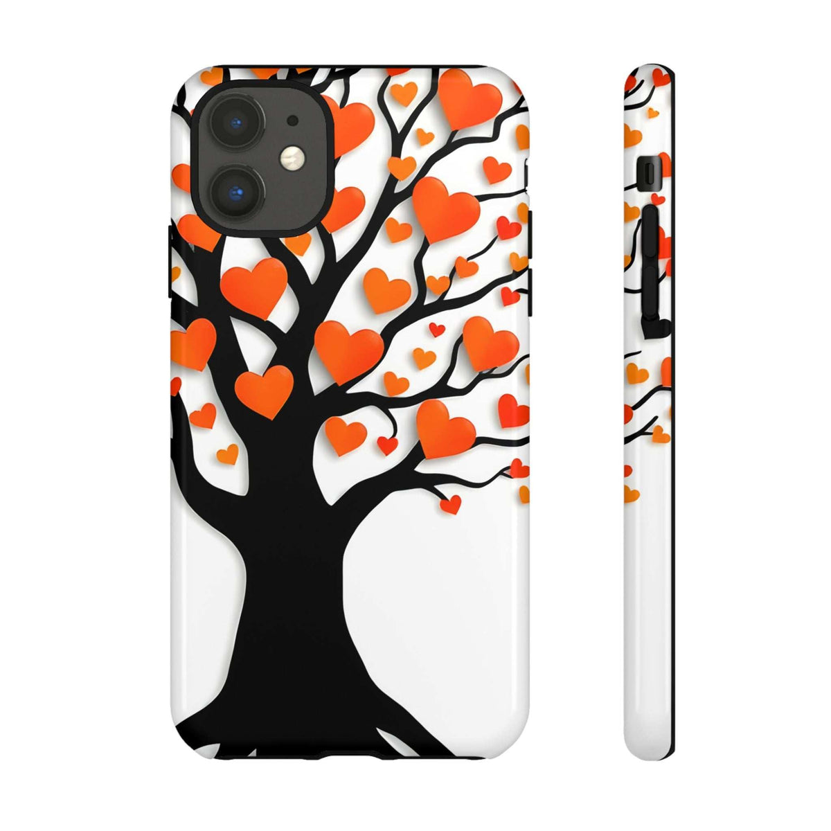 Phone case with black-and-white heart tree artwork and orange hearts, plus side profile