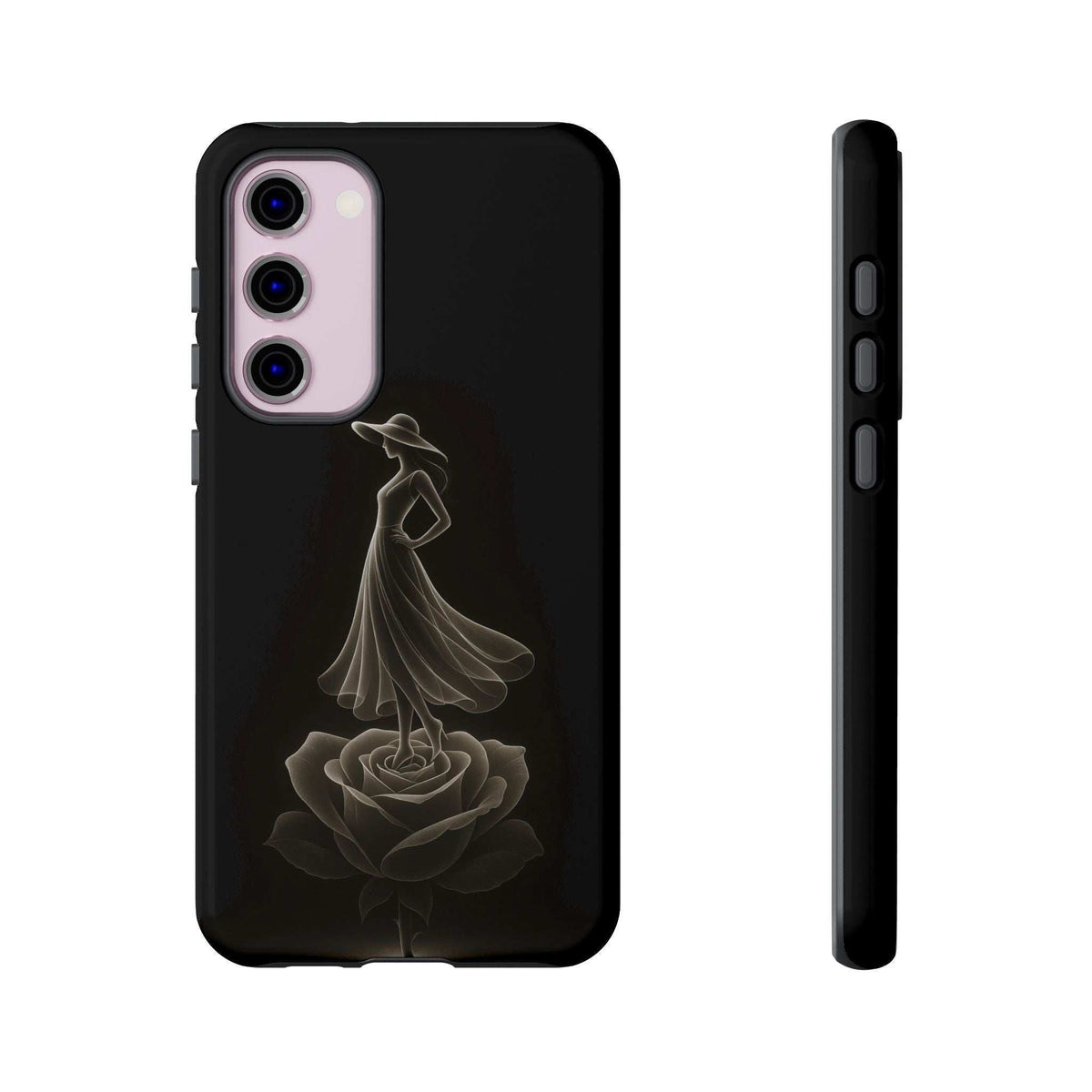 Black glossy phone case with gold ballerina and rose graphic; side buttons and ports