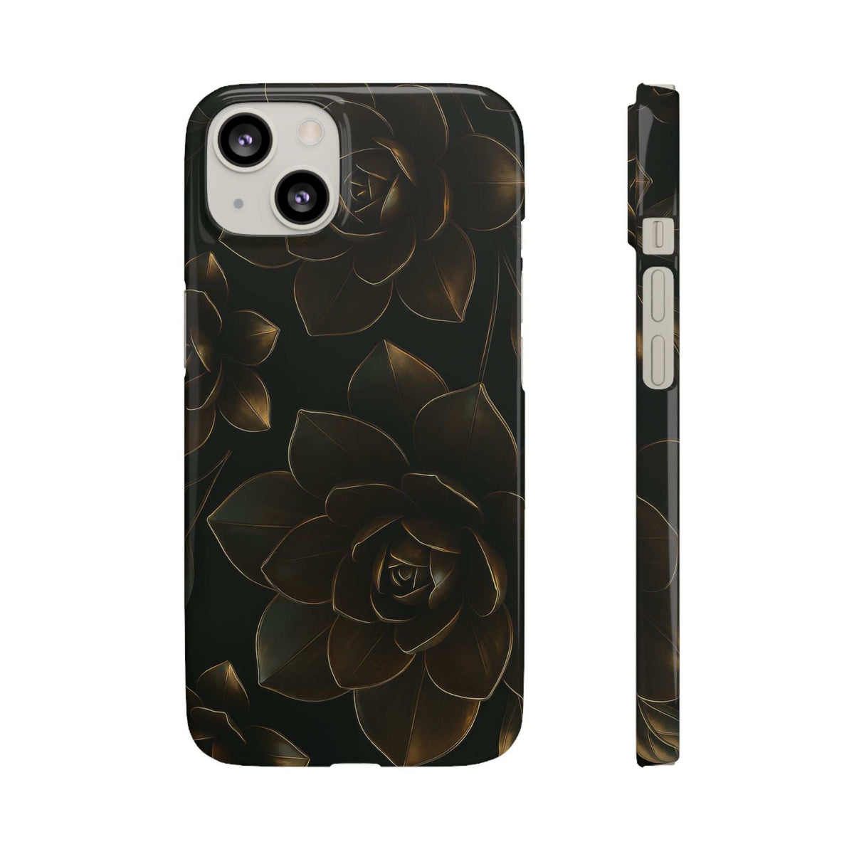 Glossy black phone case with gold rose artwork; side profile with button openings.