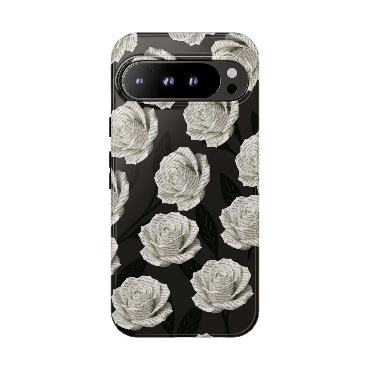 Phone case with black background and white rose pattern, front camera bar cutout