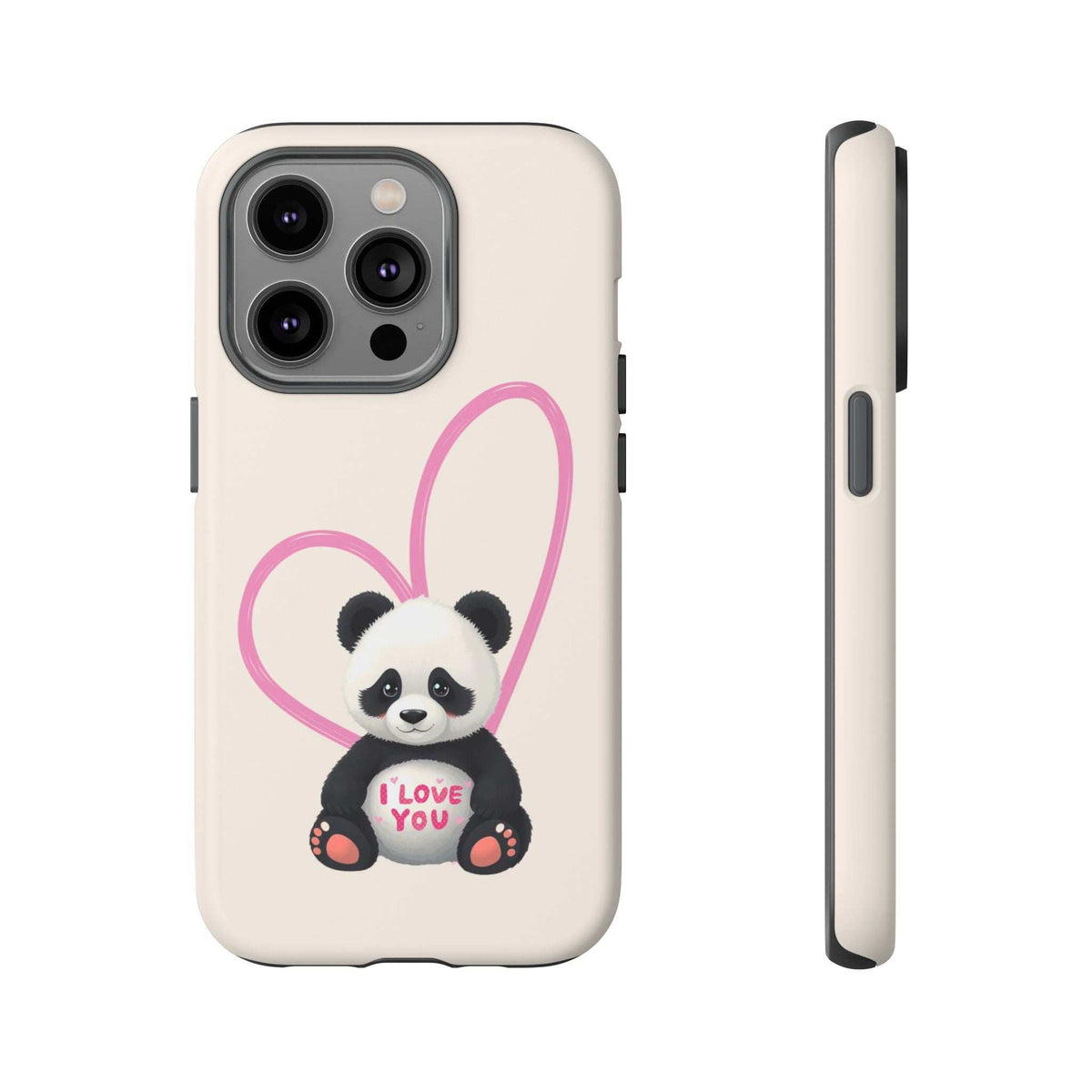 Cream phone case with panda in pink heart; “I LOVE YOU” lettering; side buttons cutout