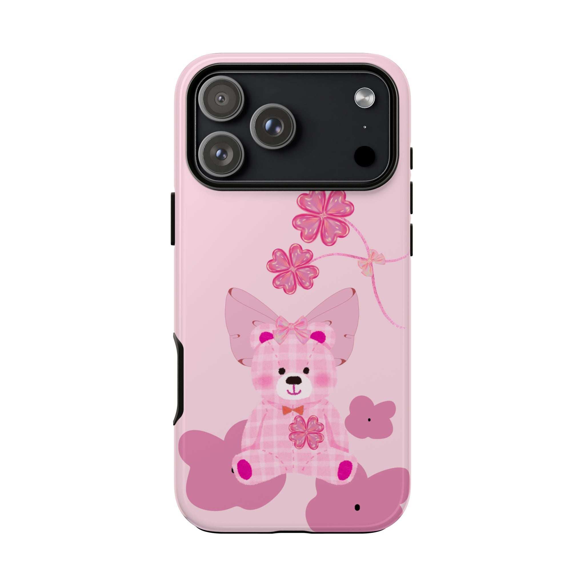 Pink teddy bear phone case with bow and floral vine graphics, triple camera cutout