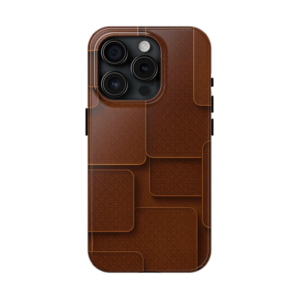 Brown textured phone case with camera cutout and stitched-looking molded pattern