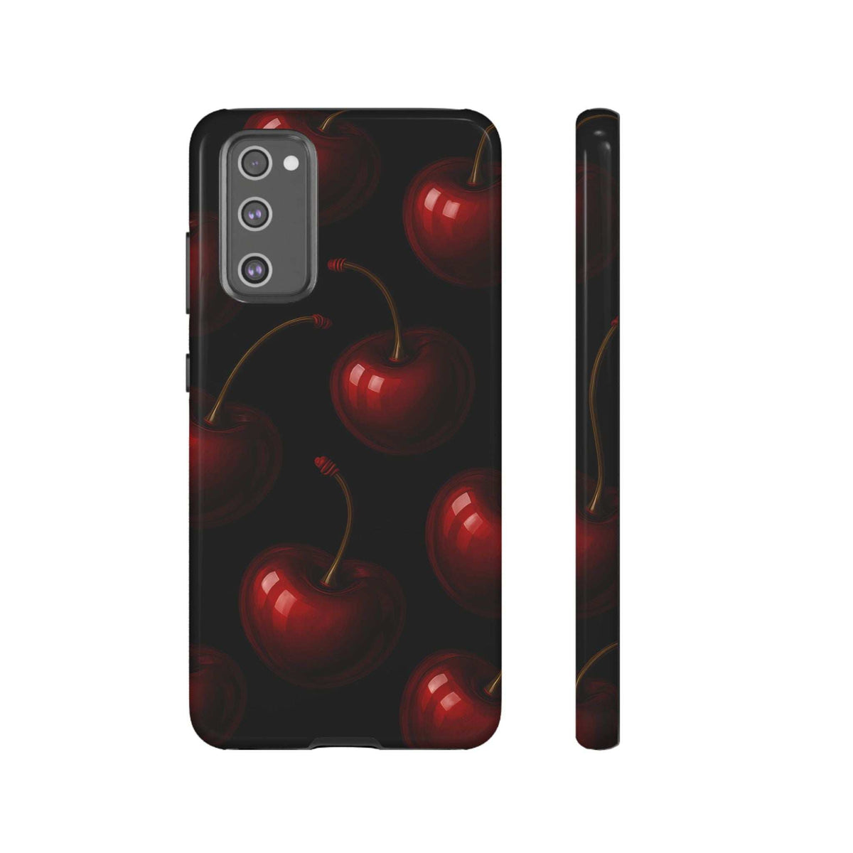 Glossy phone case with black background and red cherry fruit pattern, camera cutouts