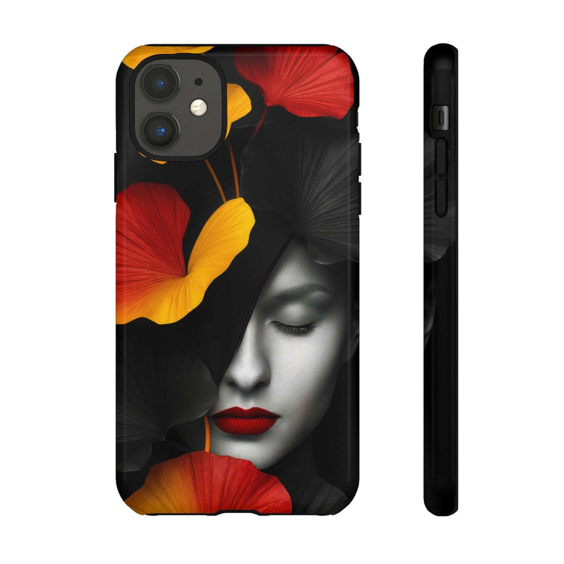 Glossy phone case in black with face artwork and flower pattern, cutouts for cameras