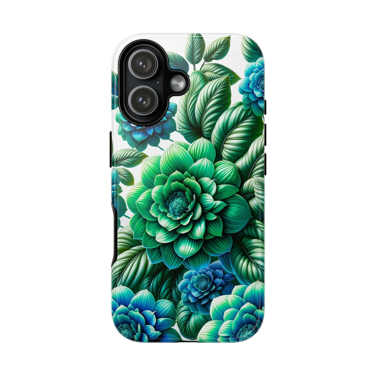 Green and blue floral phone case featuring overlapping leaves and blue flower clusters