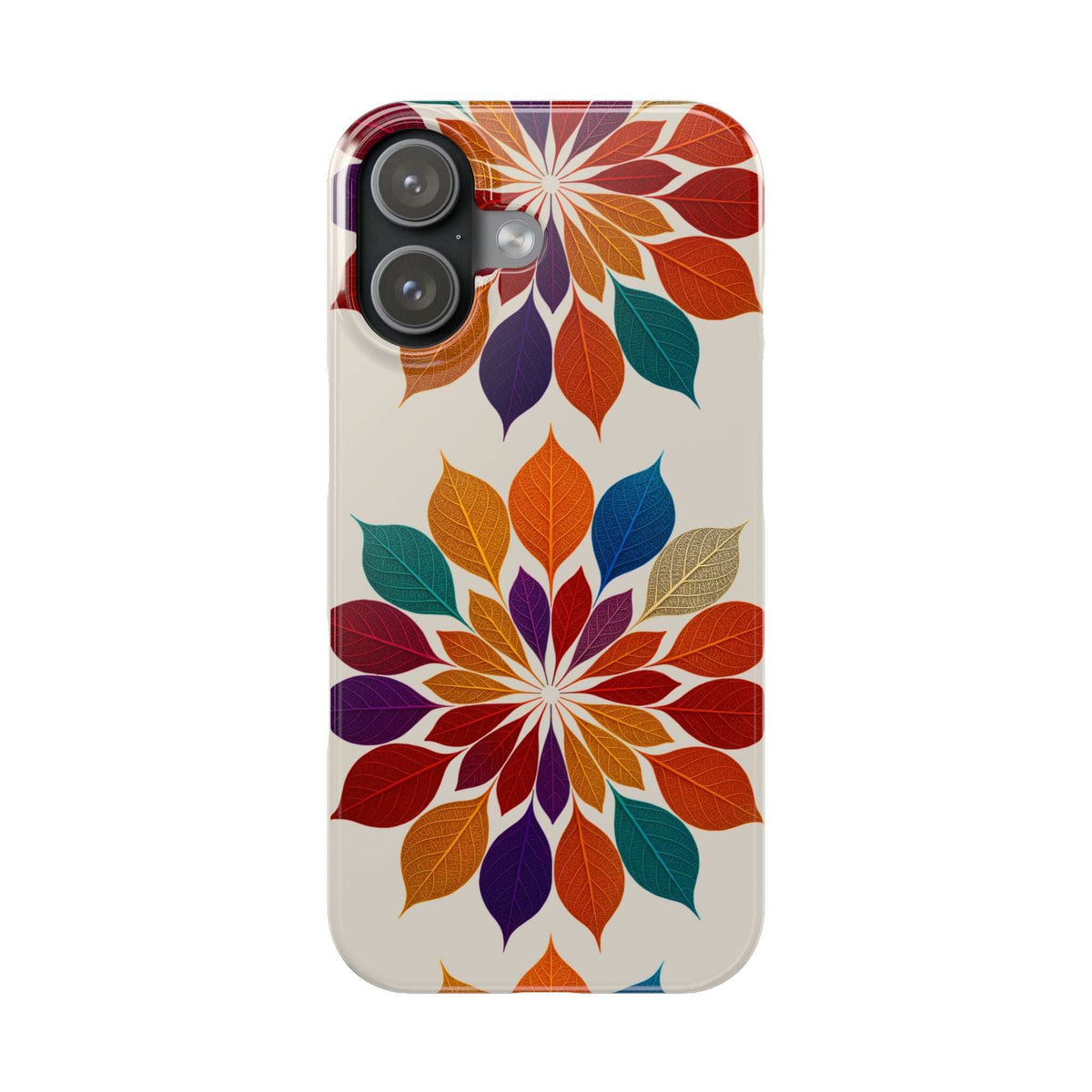 Leaf mandala phone case featuring colorful leaves around the center flower design