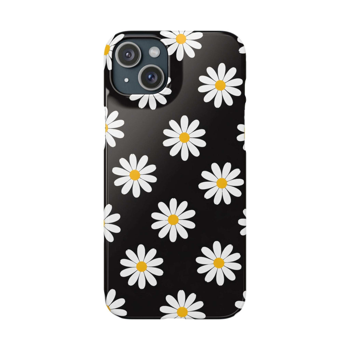 Daisy charm phone case, dark floral print with white daisies and yellow centers; camera opening