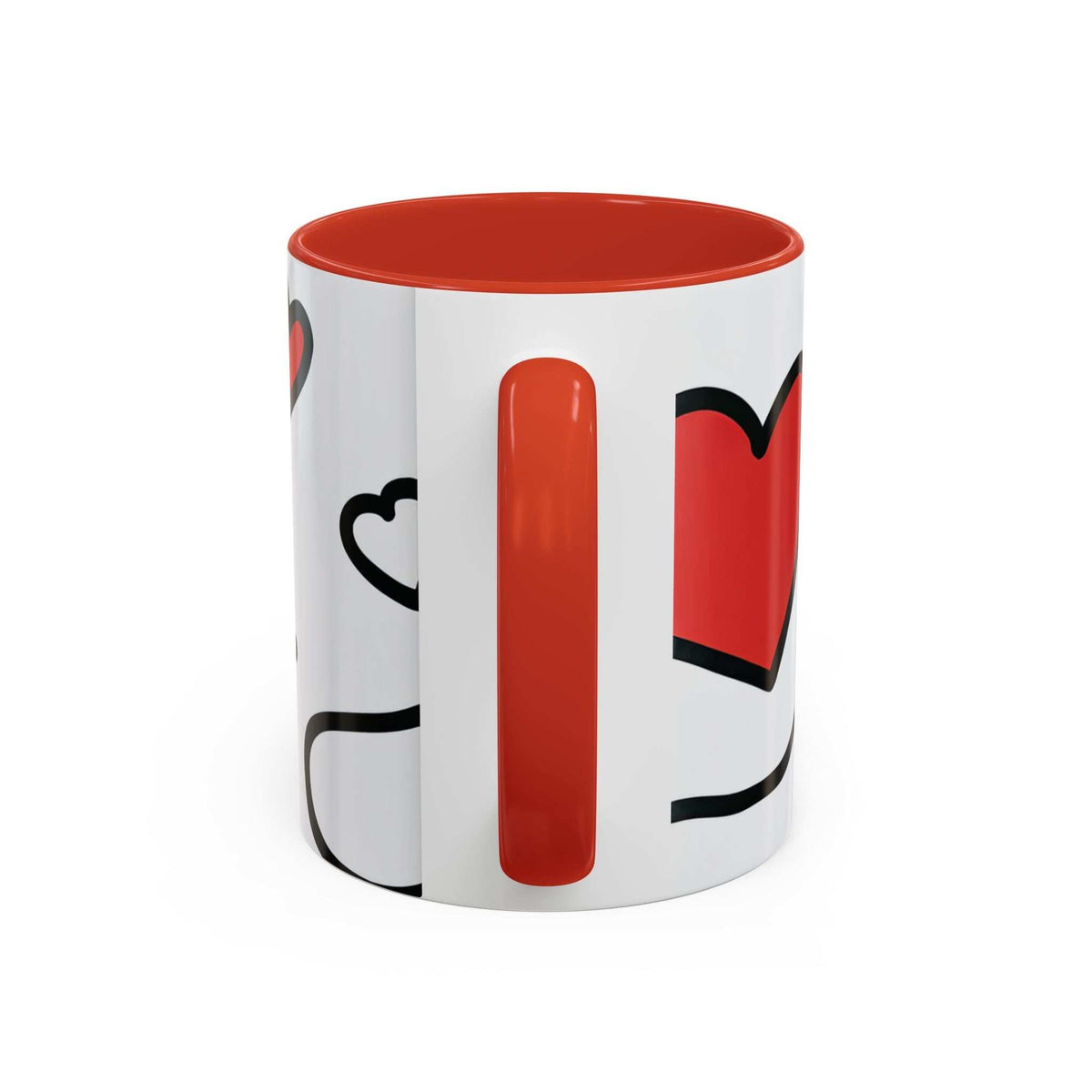White accent coffee mug with orange rim and bold orange vertical bar, red heart block graphic