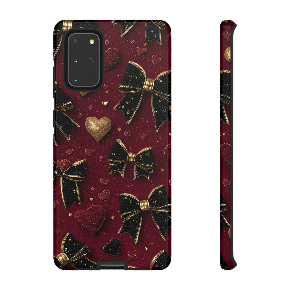 Burgundy glossy phone case with gold bows and hearts, camera cutout and raised edges