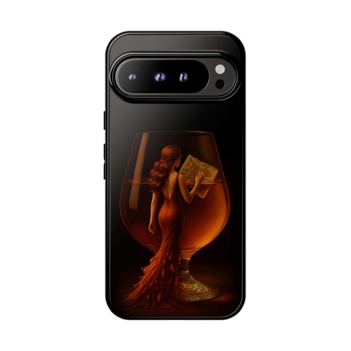 Glossy dark phone case featuring a warm golden lady reading an open book