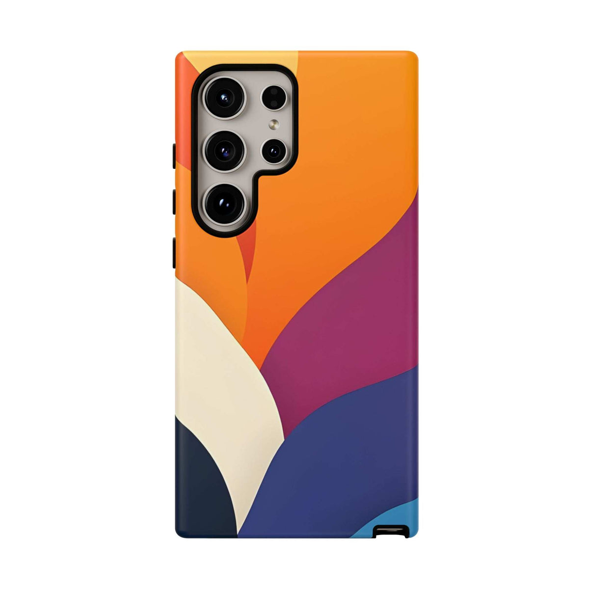 Geometric abstract phone case in orange, magenta, blue, and white; camera cutouts