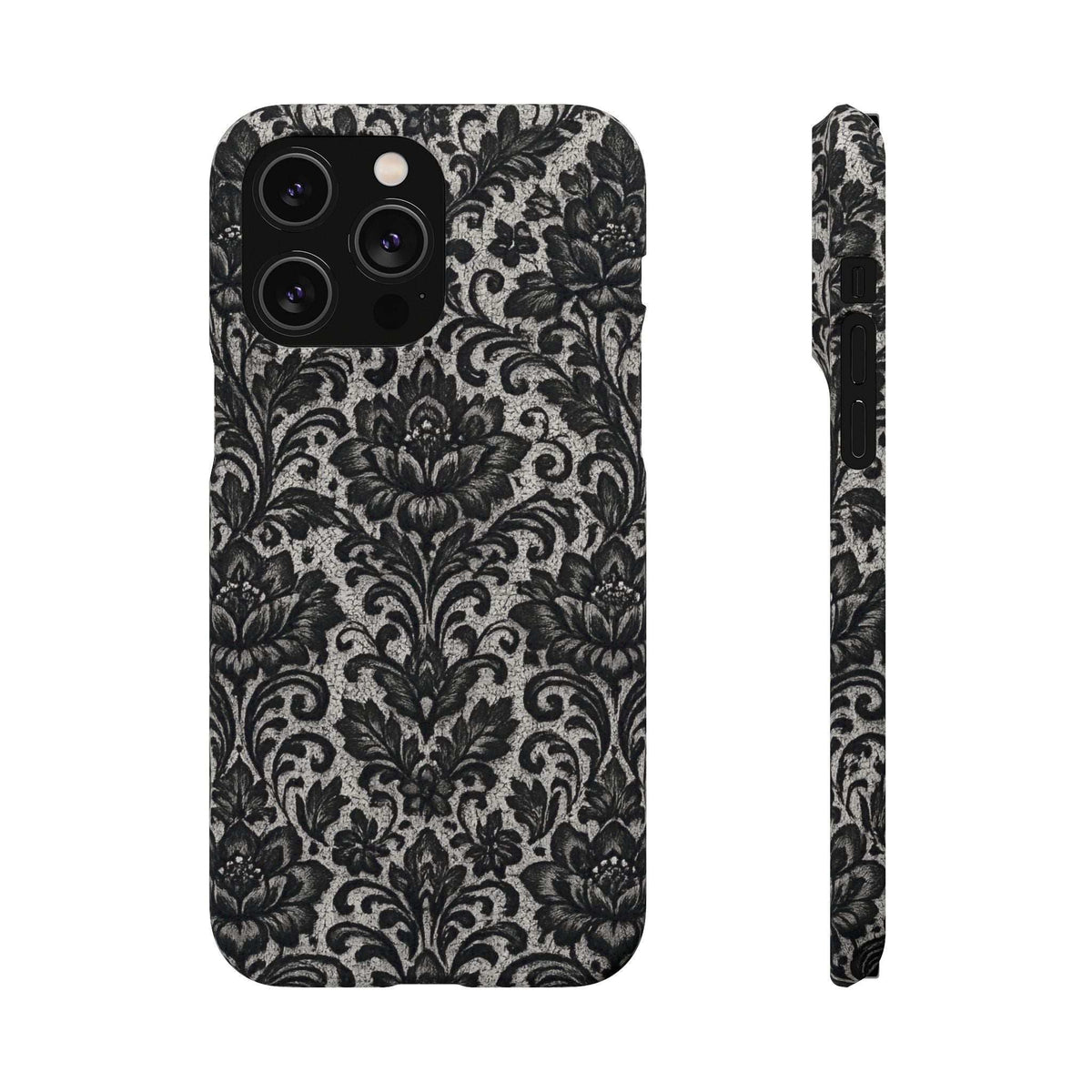 Black damask floral phone case with raised camera module and slim side profile