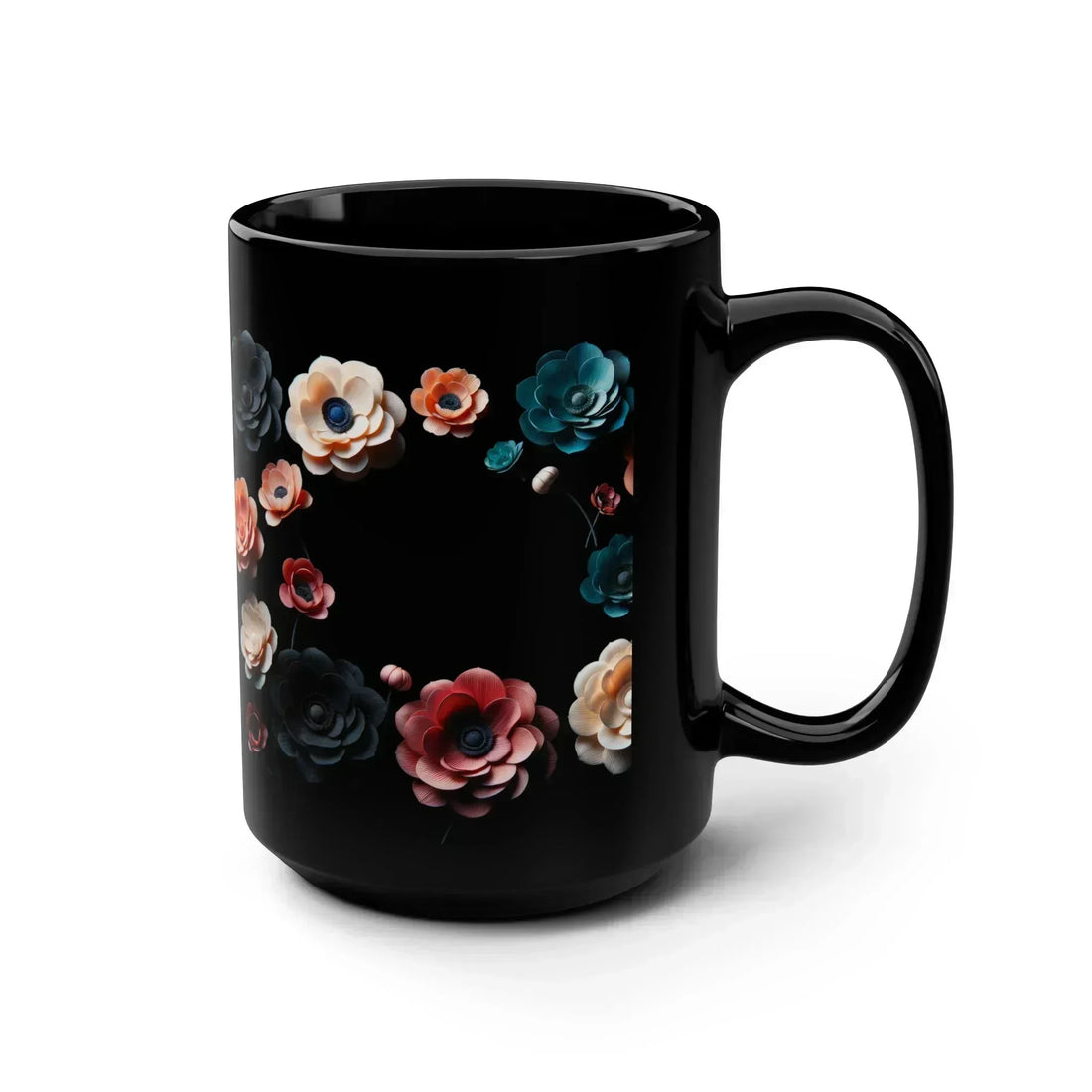 Midnight Bloom – Elegant Black Ceramic Floral Mug - 15oz - KARARMDESIGN
