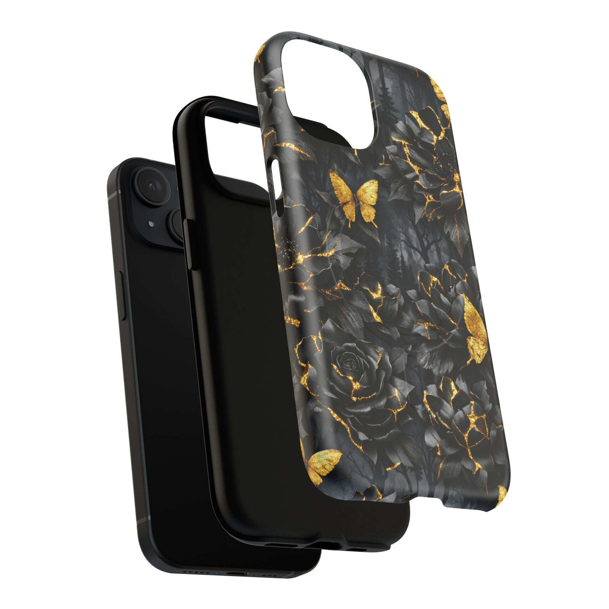 Black iPhone phone case side with cutouts and gold butterfly rose kintsugi pattern