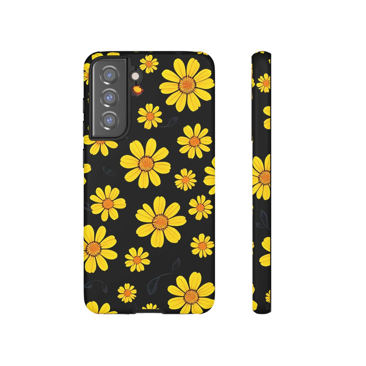 Phone case with black background and yellow daisy floral pattern, back camera cutouts and side buttons