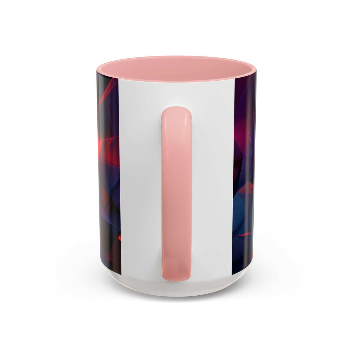 Ceramic mug with pink rim and handle, white body with geometric print and pink vertical stripe