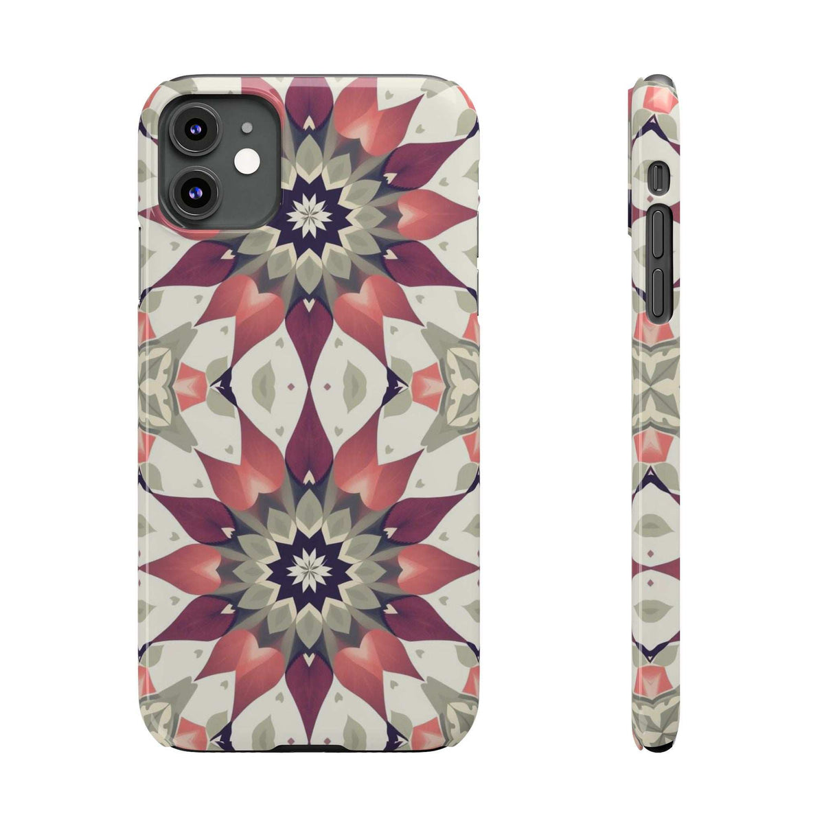 Phone case with burgundy mandala pattern, front camera cutouts and slim side profile