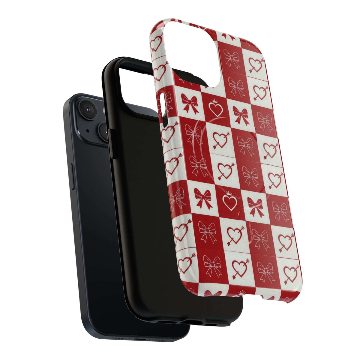 Red and white checkered phone case with hearts and bows, raised rim around screen edge
