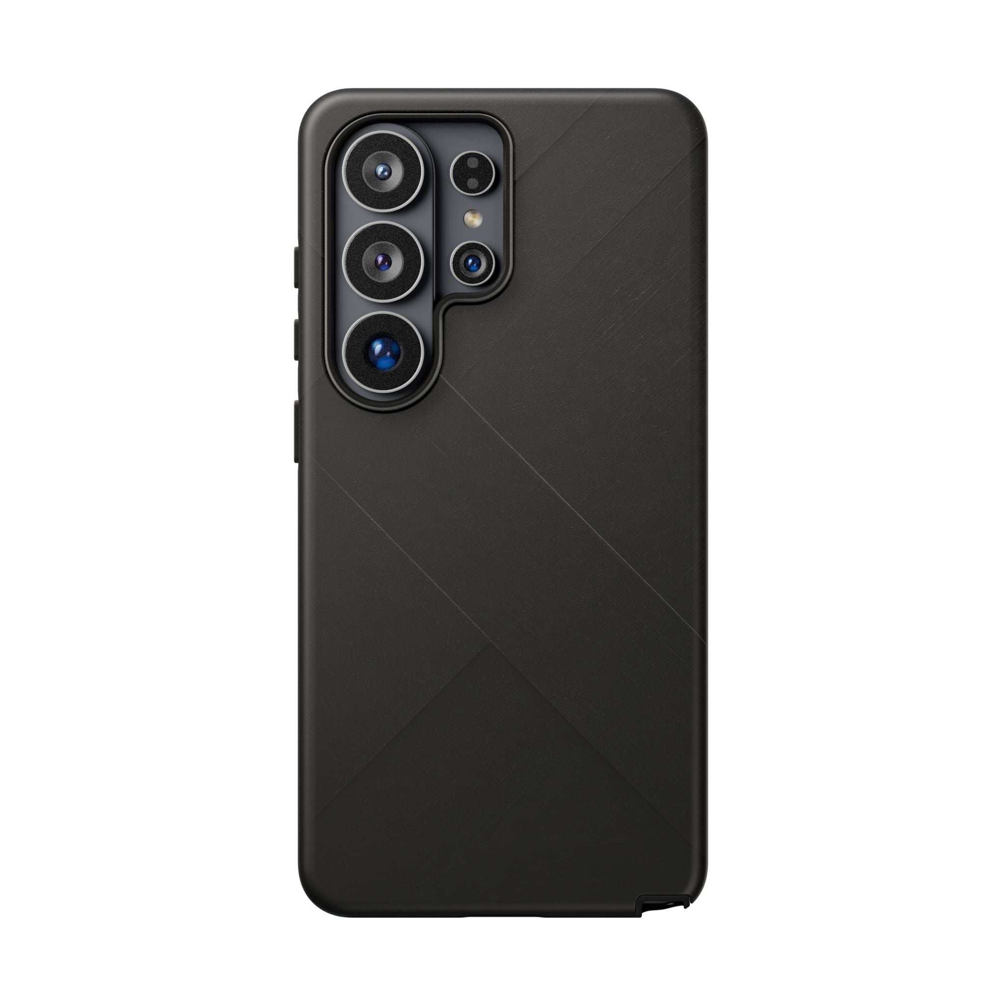 Matte black phone case, diagonal lines on back, raised camera bump with openings