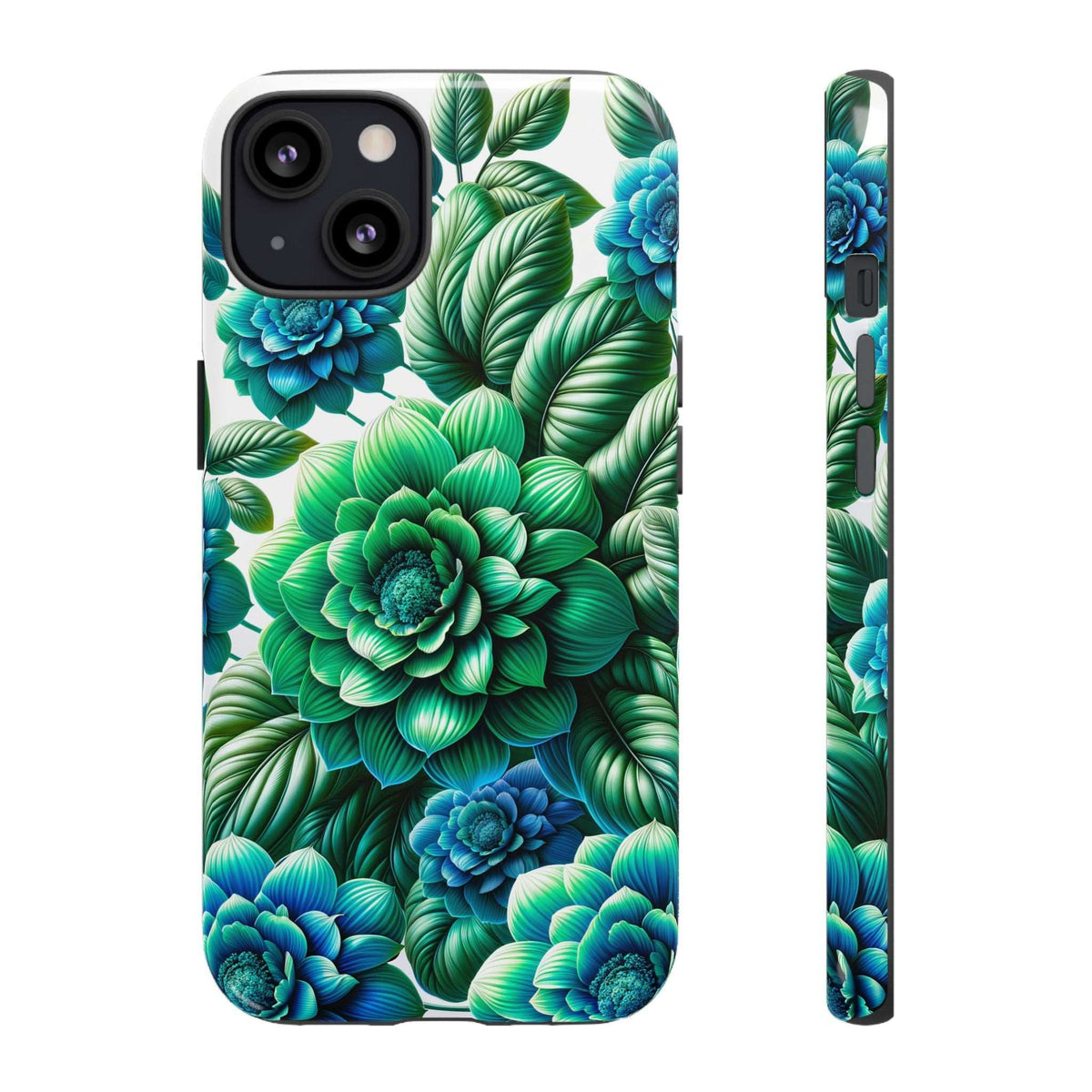 Green & blue floral phone case showing side and back, leaf-and-bloom design