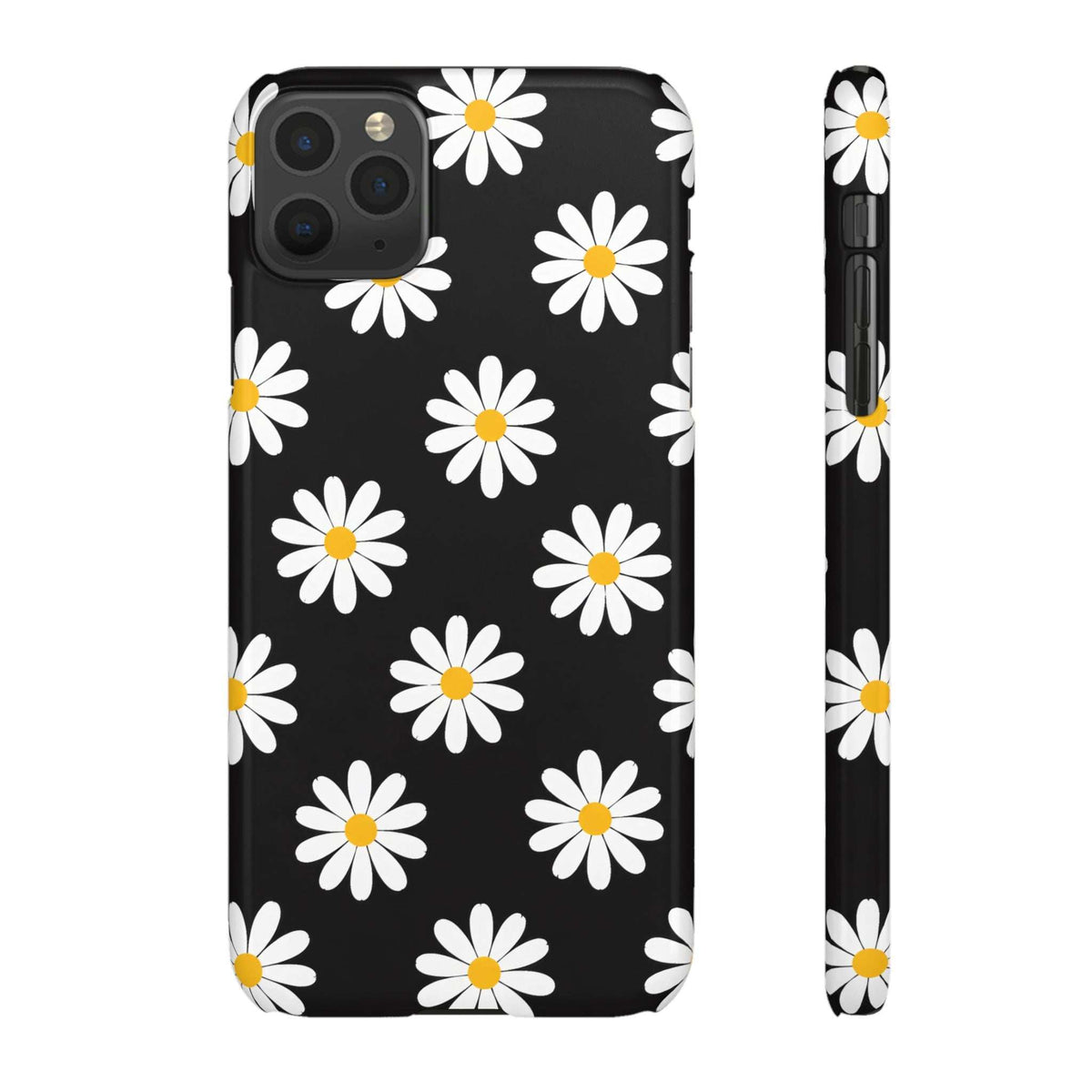 Black daisy charm phone case with white flowers and yellow centers, angled front view.
